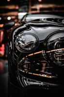 Close-up of Mazda3’s front grille and headlight reflecting ambient light in a studio setting.