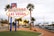 A brightly colored welcome sign for Las Vegas stands prominently in the foreground, surrounded by tall palm trees with a backdrop of a clear blue sky and distant buildings. The iconic sign features bold red and blue lettering with a large star on top, capturing the vibrant essence of the city.