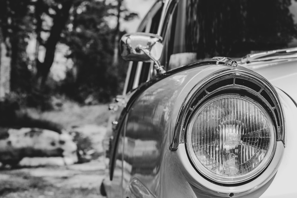 grayscale photo of classic car