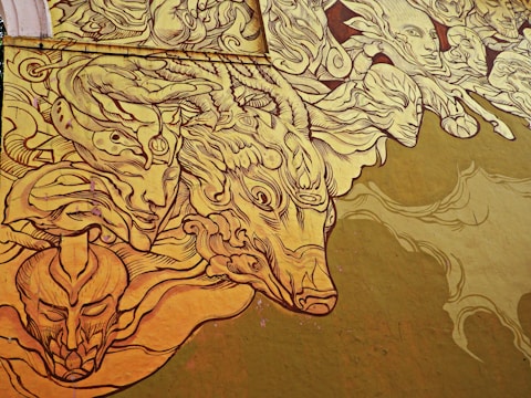 A detailed ink drawing blending architectural lines with surreal storytelling elements.