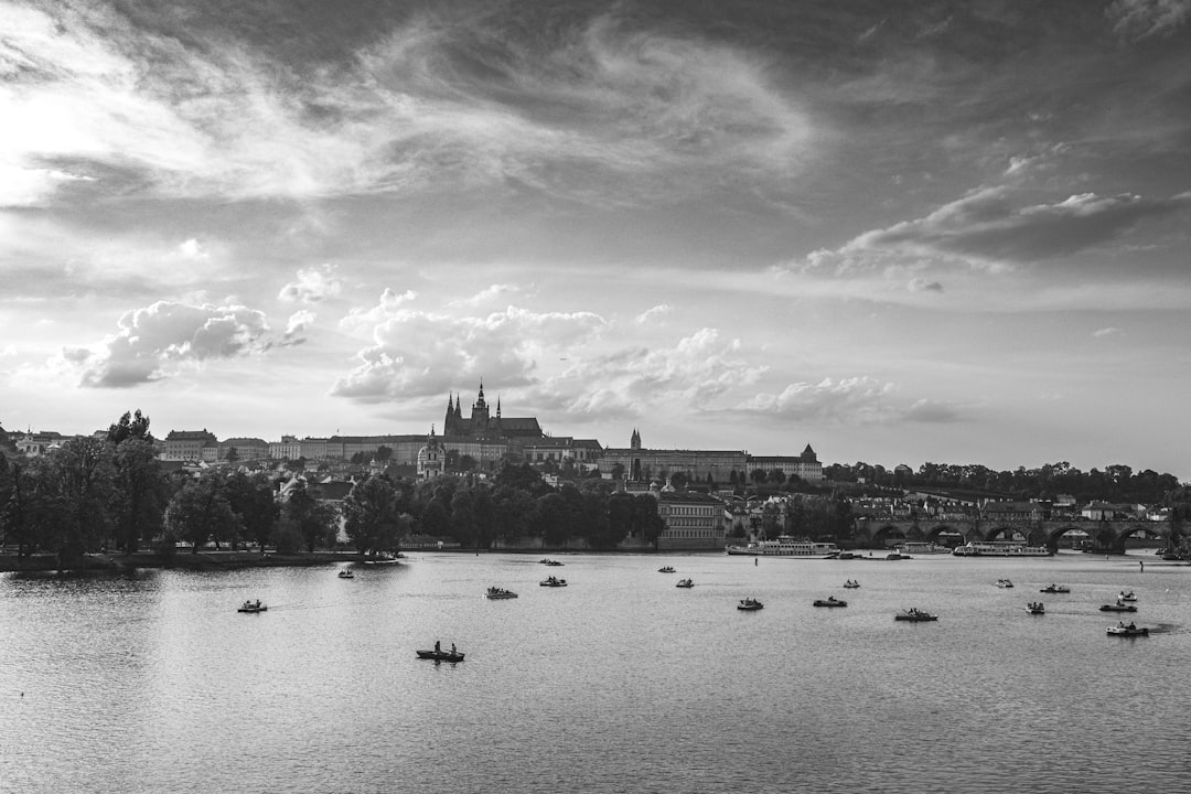 grayscale photo of body of water with boats