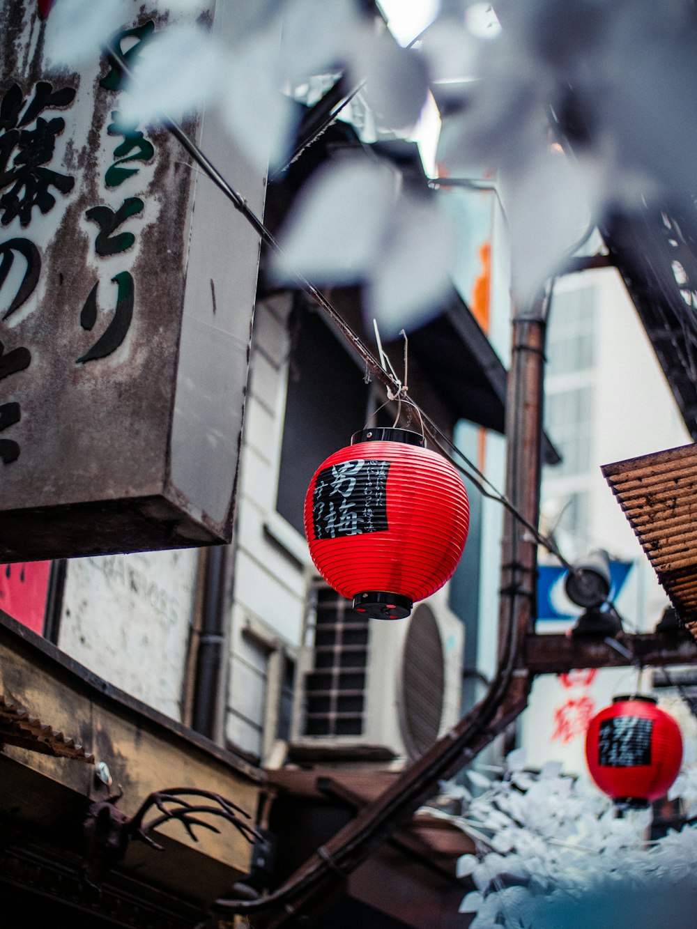 red and white hanging lantern