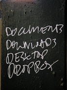 Handwritten white text on a dark green, textured surface lists the words: DOCUMENTS, DOWNLOADS, DESKTOP, and DROPBOX.
