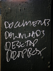 Handwritten white text on a dark green, textured surface lists the words: DOCUMENTS, DOWNLOADS, DESKTOP, and DROPBOX.