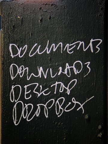 Handwritten white text on a dark green, textured surface lists the words: DOCUMENTS, DOWNLOADS, DESKTOP, and DROPBOX.