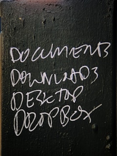 Handwritten white text on a dark green, textured surface lists the words: DOCUMENTS, DOWNLOADS, DESKTOP, and DROPBOX.