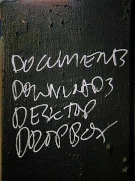 Handwritten white text on a dark green, textured surface lists the words: DOCUMENTS, DOWNLOADS, DESKTOP, and DROPBOX.