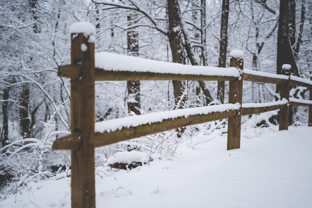 雪に覆われた茶色の木の柵
