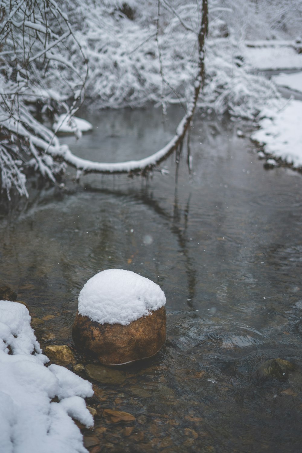 white snow on brown rock on river