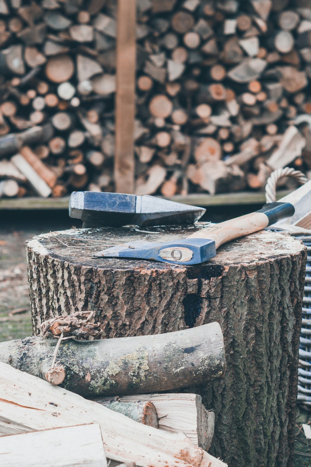 Utensile manuale blu e nero su legno marrone