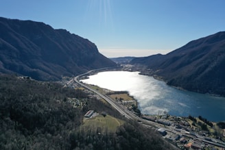 An aerial shot of Lake Sevan surrounded by mountains.