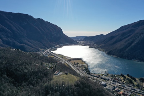 An aerial shot of Lake Sevan surrounded by mountains.