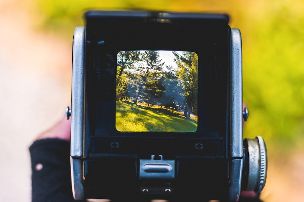 black camera taking photo of green trees during daytime