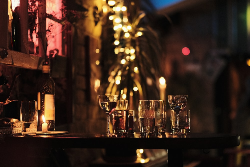 clear drinking glasses on table