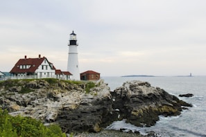 white and brown lighthouse on brown rocky mountain during daytime