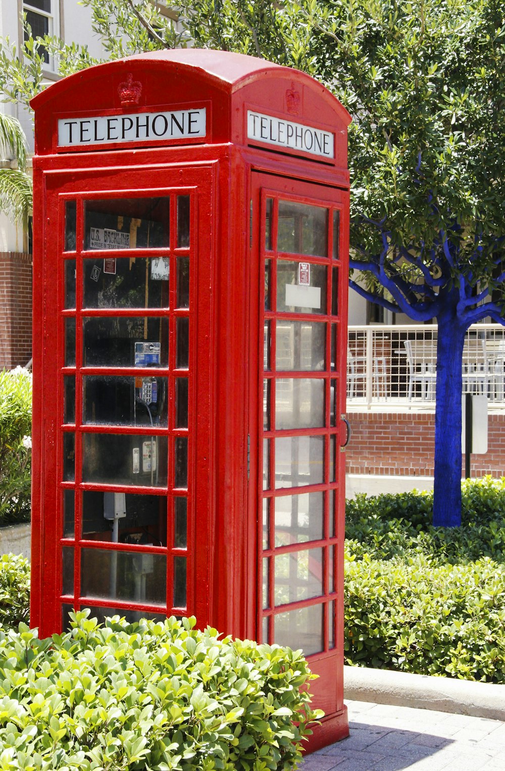 red telephone booth near green tree during daytime