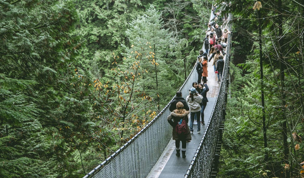 personnes marchant sur le pont suspendu