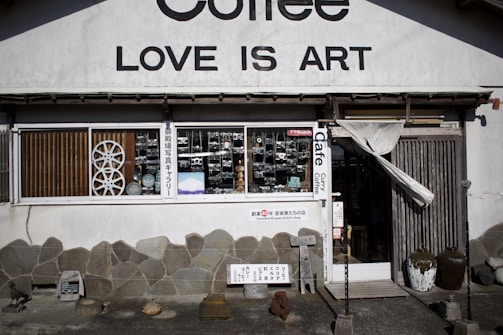 A storefront with a sign that reads 'LOVE IS ART' above the entrance. The facade features a stone wall with various decorations. The window displays several old-fashioned cameras and other vintage objects. A partially open wooden door with a curtain is on the right side. Various signs with text are placed outside, and there are a few pottery pieces near the entrance.