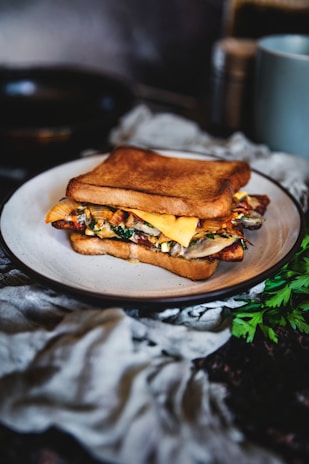 A warm, toasted sandwich filled with melted cheese and fresh vegetables on a ceramic plate.