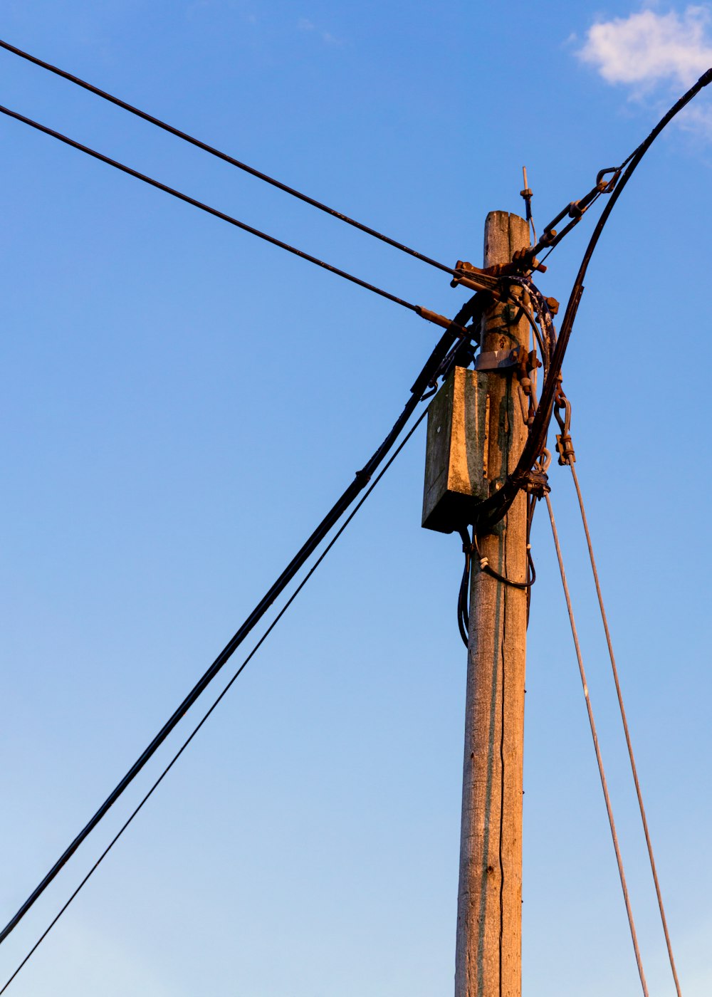 a telephone pole with a bunch of wires attached to it