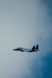 A military fighter jet flies through a clear blue sky, displaying its sleek, aerodynamic design and powerful engines.