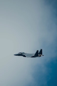 A military fighter jet flies through a clear blue sky, displaying its sleek, aerodynamic design and powerful engines.