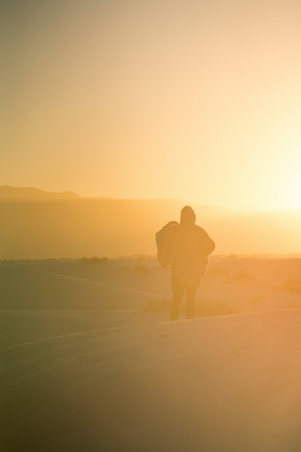 silhouette of man and woman standing on snow covered ground during sunset