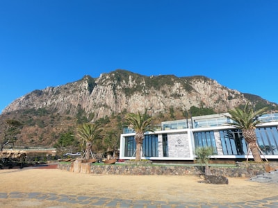 A modern building with large glass windows is situated in the foreground, surrounded by palm trees and landscaping. Behind it, a large rocky mountain rises steeply, dominating the background. The sky is clear and blue.
