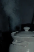Close-up of a modern ceramic pot with steam rising, set on a sleek stove.