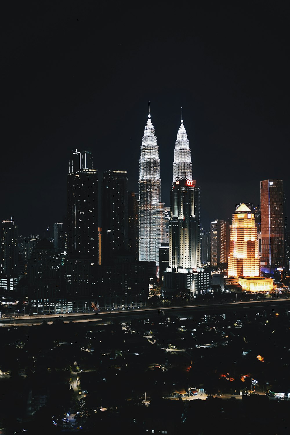 city skyline during night time