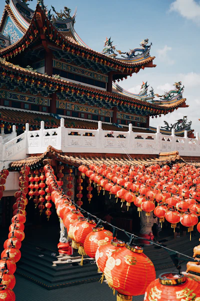 Orange lanterns strung across Thean Hou Temple, Kuala Lumpur
