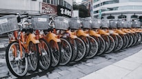 A row of rental bicycles with orange frames and silver baskets parked in an urban setting. The bikes are neatly aligned on a paved surface, with a backdrop of buildings and commercial signs.
