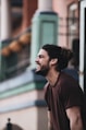 man in brown crew neck shirt