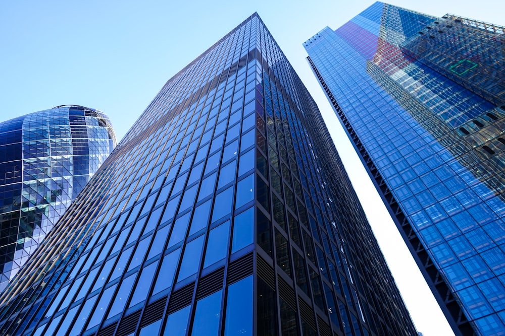 blue glass walled high rise building