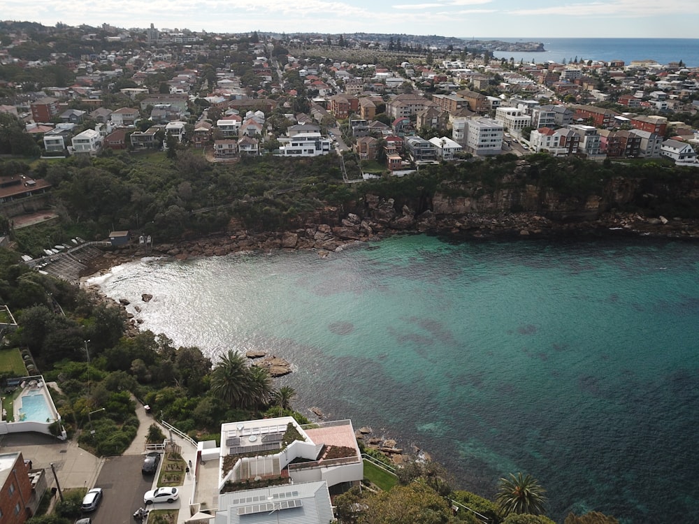 aerial view of city buildings near body of water during daytime