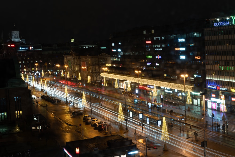 city with high rise buildings during night time