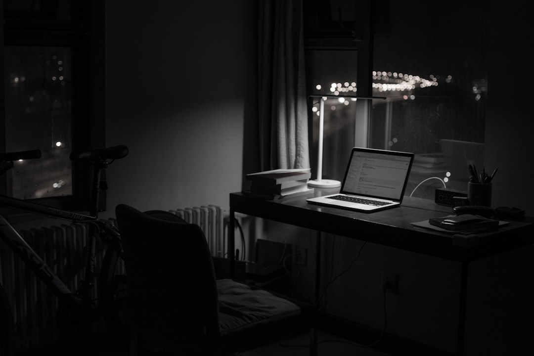white laptop computer on brown wooden table, Workspace