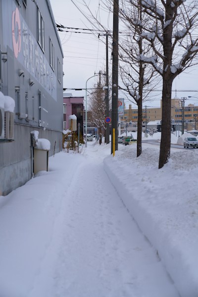 A snow-covered sidewalk runs alongside a building with a clear path created by footsteps. Trees line the sidewalk, bare of leaves and dusted with snow. Various buildings and utility poles are visible in the distance, along with parked vehicles.