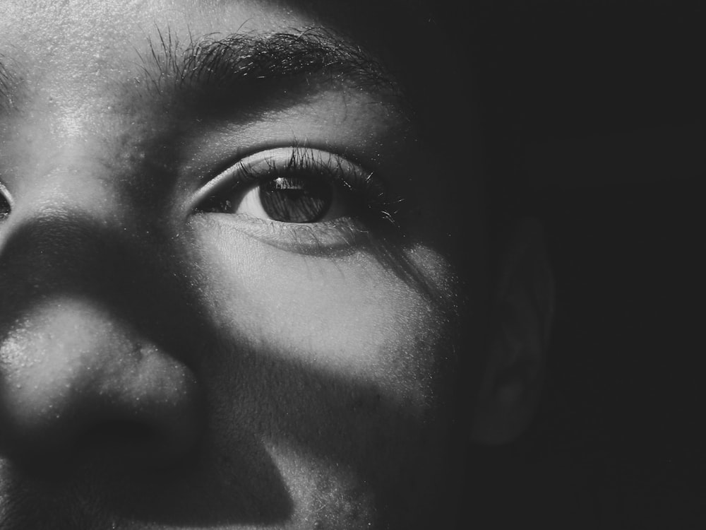 grayscale photo of persons eye