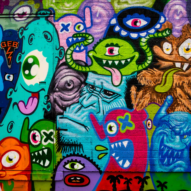Colorful graffiti mural featuring various cartoon monsters with wide eyes and sharp teeth