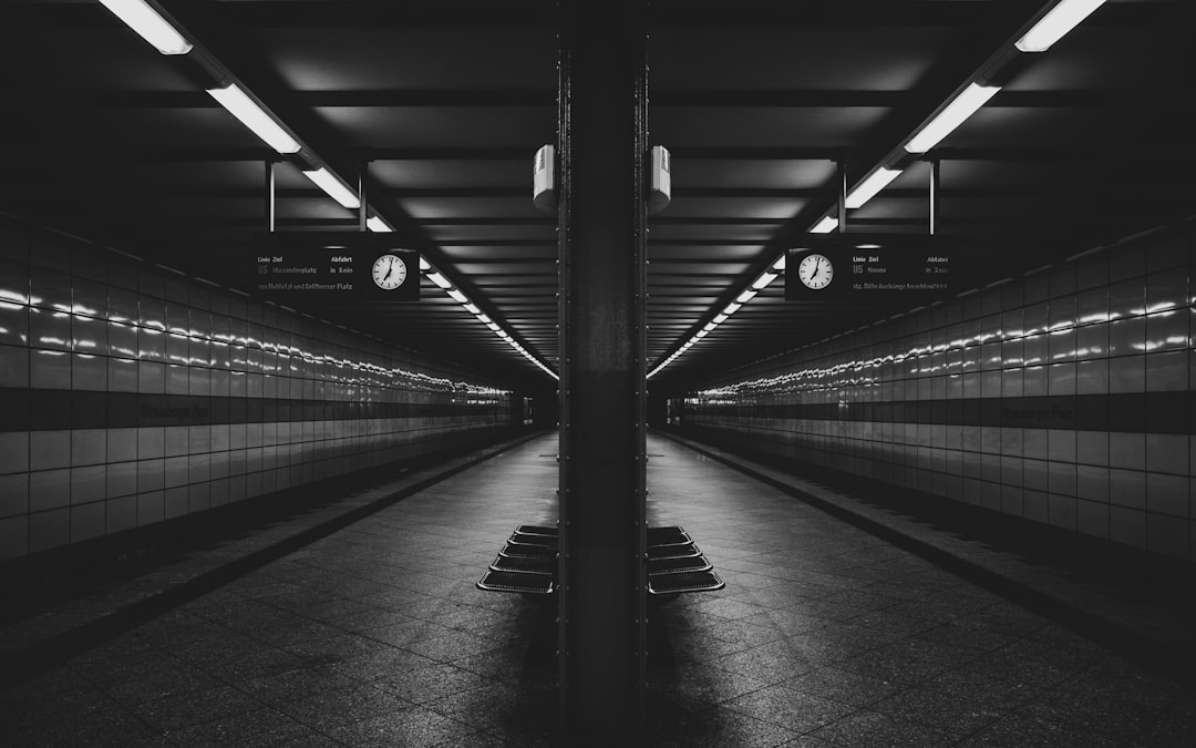 grayscale photo of train station