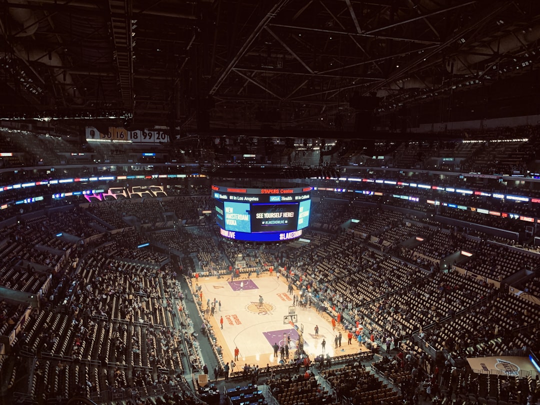 people on ice skating rink, Views from the upper Deck of a Los Angels Lakers Game in early December.
