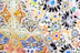 blue white and red floral textile