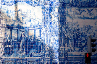 white and blue floral textile