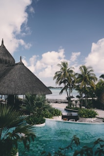 An idyllic tropical setting with thatched-roof buildings surrounded by lush palm trees and tropical plants. A clear blue pool reflects the sky, which is scattered with soft white clouds. The ocean is visible in the background, adding to the serene atmosphere.
