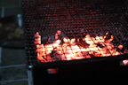 A Voltaris electric grill glowing under a backyard evening sky.