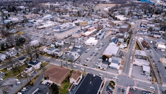 Aerial view of a small town featuring a mix of commercial and residential buildings. The scene includes various cars parked in lots, streets lined with trees, and a variety of rooftops. The town's layout is organized with clearly defined roads and blocks, surrounded by more densely forested areas on the outskirts.