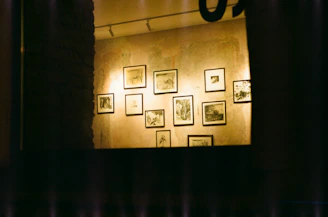Sophisticated gallery wall featuring modern pedagogical design elements in warm golden lighting.