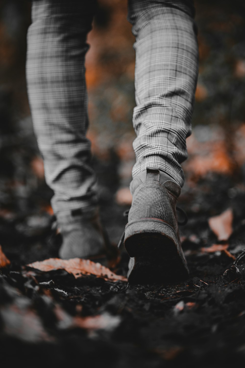 Persona en jeans de mezclilla azul y botas negras de pie sobre hojas secas marrones