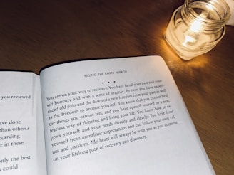 An open book displaying a passage of text titled 'Filling the Empty Mirror' lies on a wooden surface. Beside the book, a small candle in a glass jar is lit, casting a warm glow on the pages.